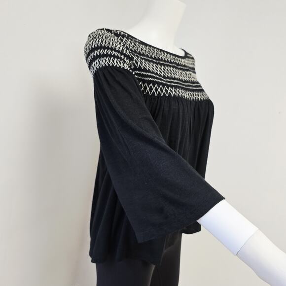Gap Top Size S Smocked Bell 3/4 Sleeve Flowy Black Womens Preppy Wide Neck - Picture 5 of 8